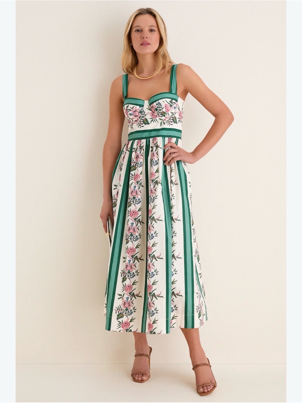 Tuckernuck Green and White Floral Bustier Midi Dress with Pink Accents